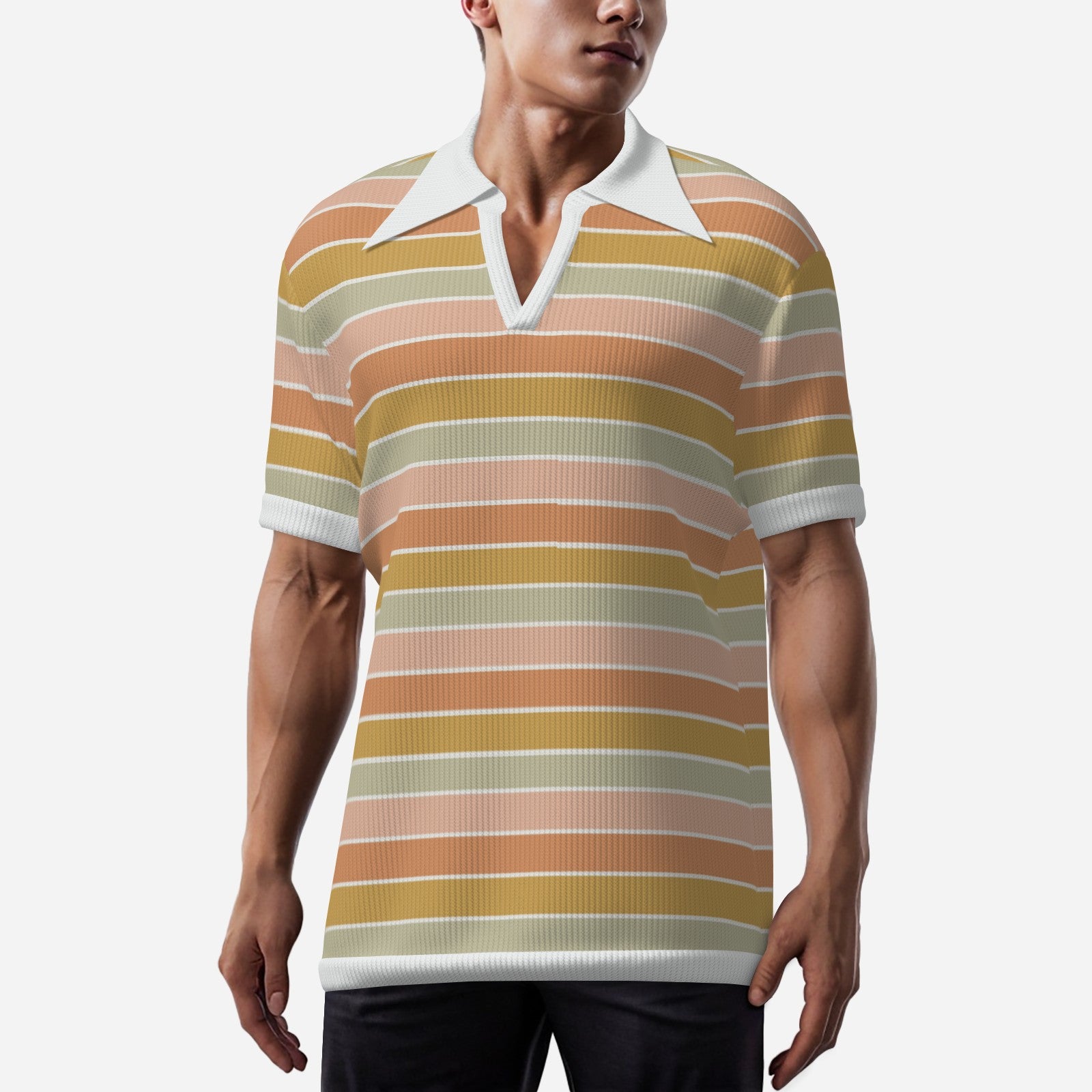 Retro Polo Shirt | 70s Multicolor Stripe Polo Shirt | Wing Collar Ribbed Knit Shirt | Vintage 70s Knit Polo