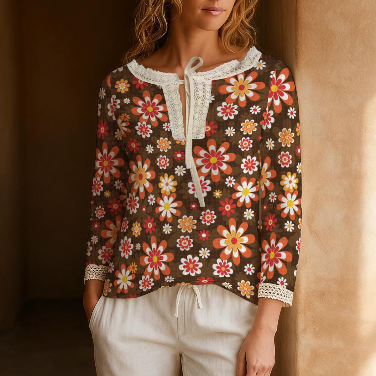 70s Brown Floral Boho Blouse | Retro Hippie Peasant Top | Vintage Lace Trim Bohemian Shirt