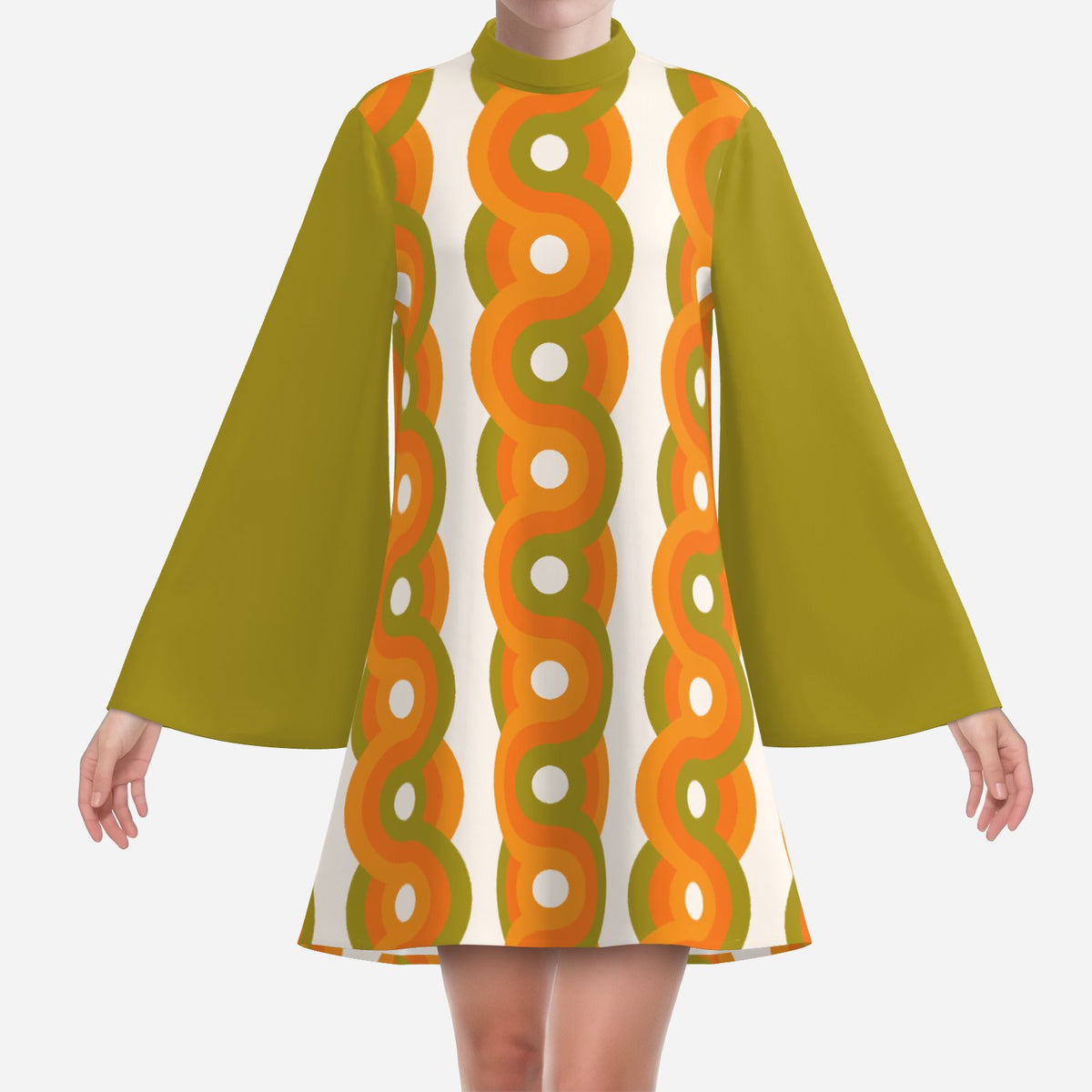 Women's 70s Olive Green Bell Sleeve Dress | Retro Geometric Orange Green Tent Dress | 70s Turtleneck Mini Dress