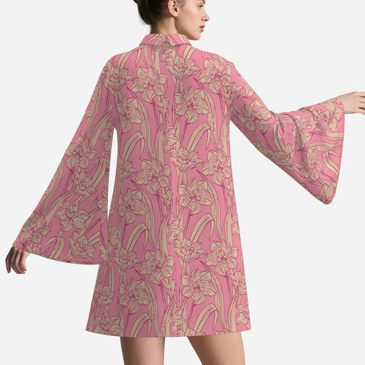 70s Dress Style | Retro Pink Floral Mini Dress | Pink Tent Dress with Bell Sleeves | 70s Inspired Turtleneck Dress