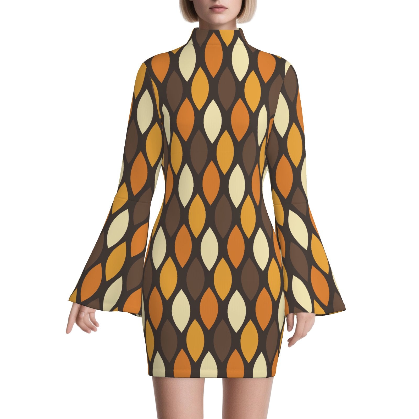 70s Style Dress | Mustard Yellow & Brown Geometric Bell Sleeve Mini Dress | Retro Turtleneck Disco Shift Dress