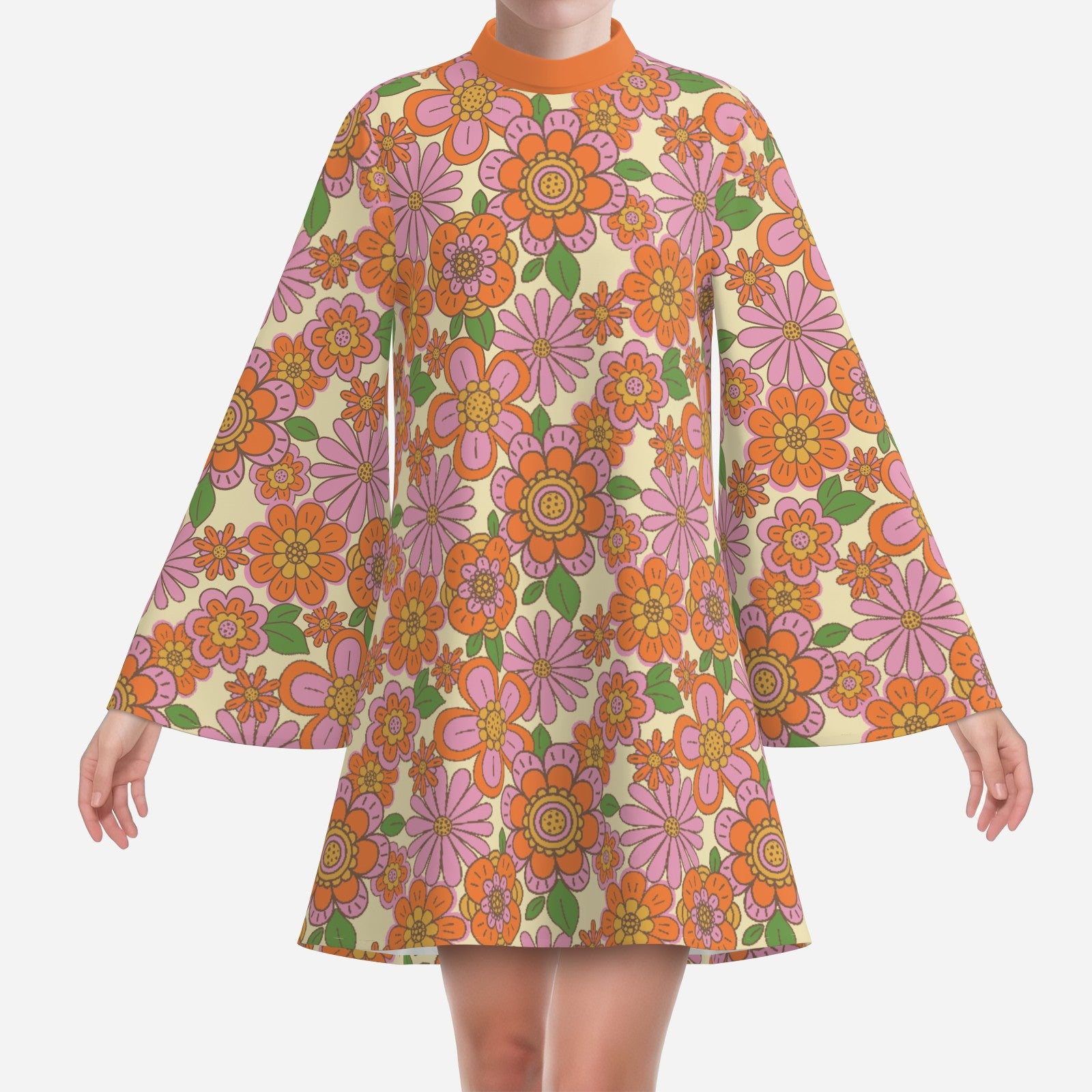 70s Dress Style | Retro Bell Sleeve Dress | Multicolor Orange Floral Tent Dress | Vintage 70s Disco Dress with Turtle Neck