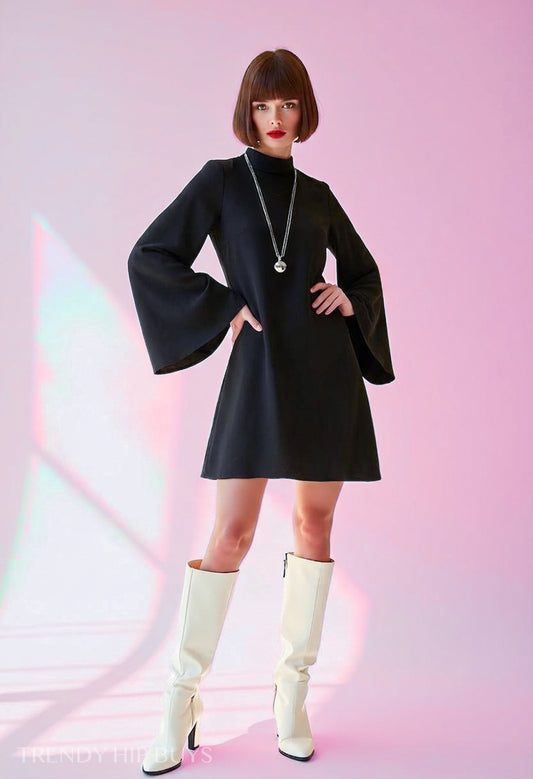 Vintage 70s Black Bell Sleeve Dress | Retro Turtleneck Tent Dress | Hippie Black Disco Dress