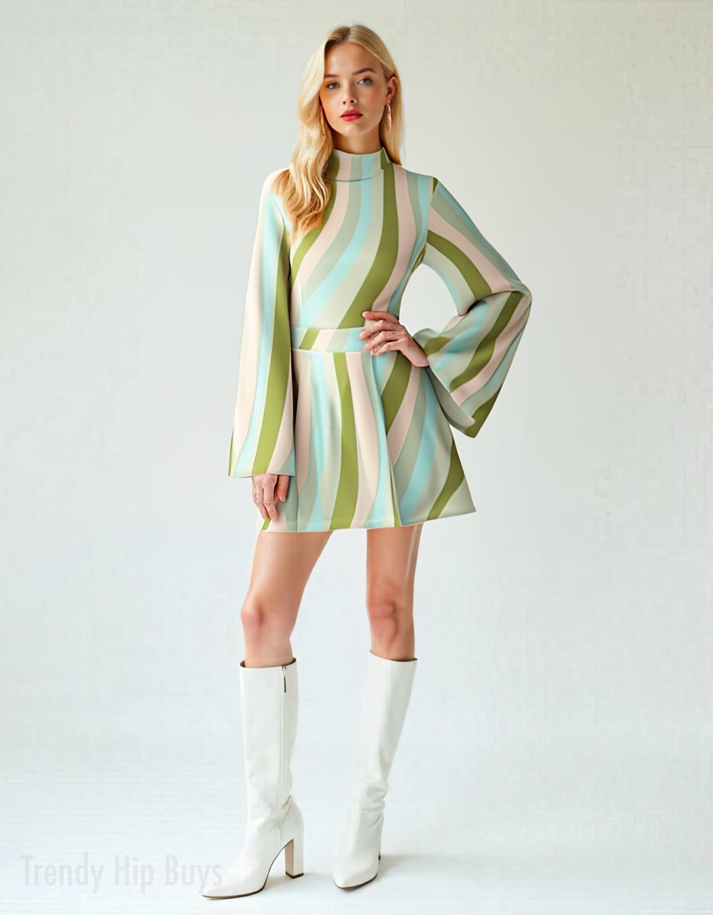 Green Boho 70s Dress Style | Green Pink Stripe Mini Dress | Retro Bell Sleeve Dress | Chiffon A-Line Dress