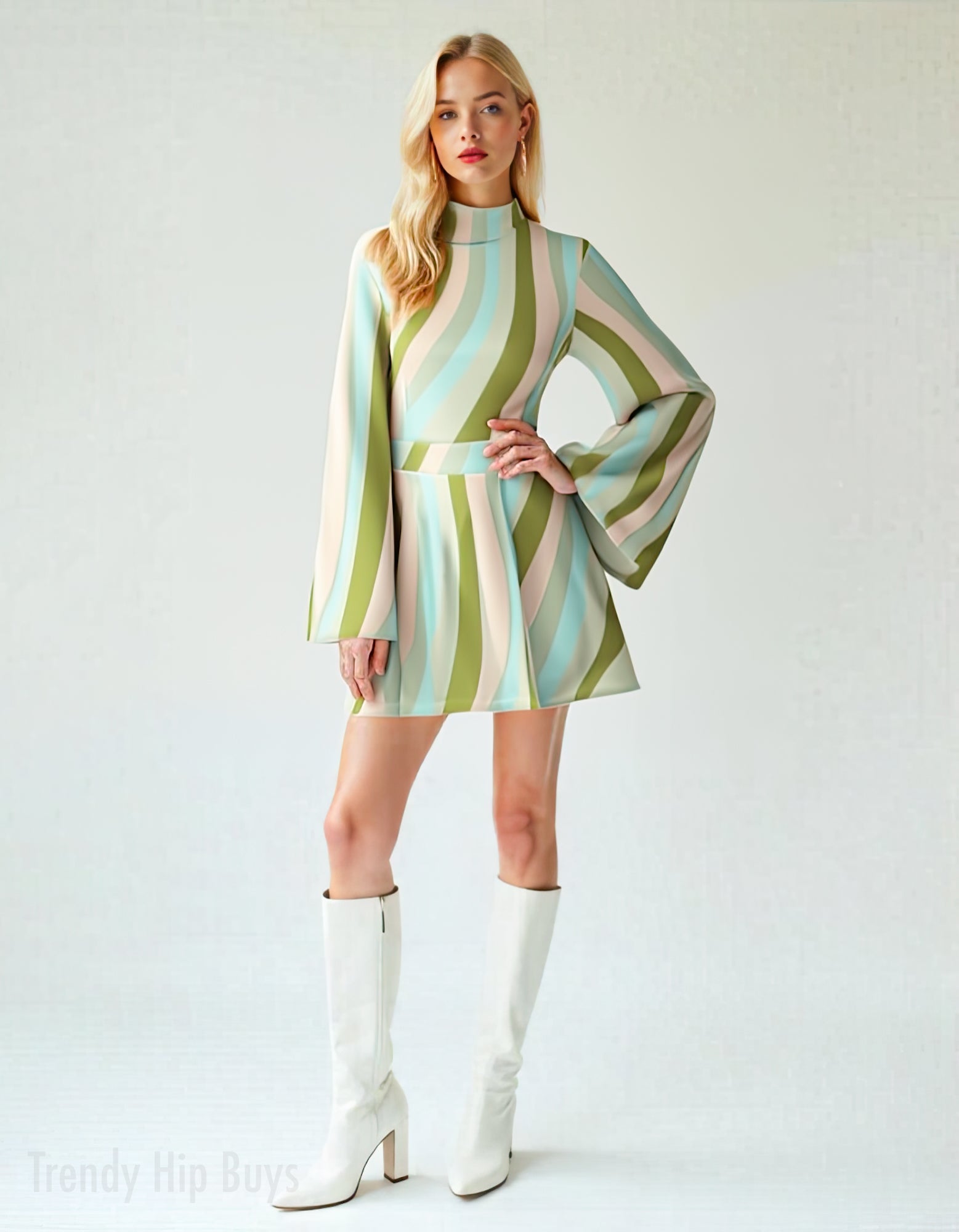 Green Boho 70s Dress Style | Green Pink Stripe Mini Dress | Retro Bell Sleeve Dress | Chiffon A-Line Dress