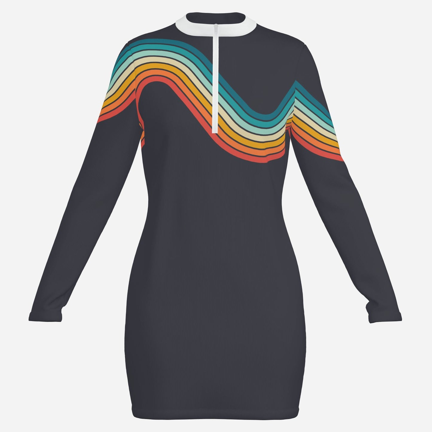 Groovy 70s Dress | Multicolor Stripe Shift Mini | Dark Gray Hippie Scuba Dress | 70s inspired Disco Dress