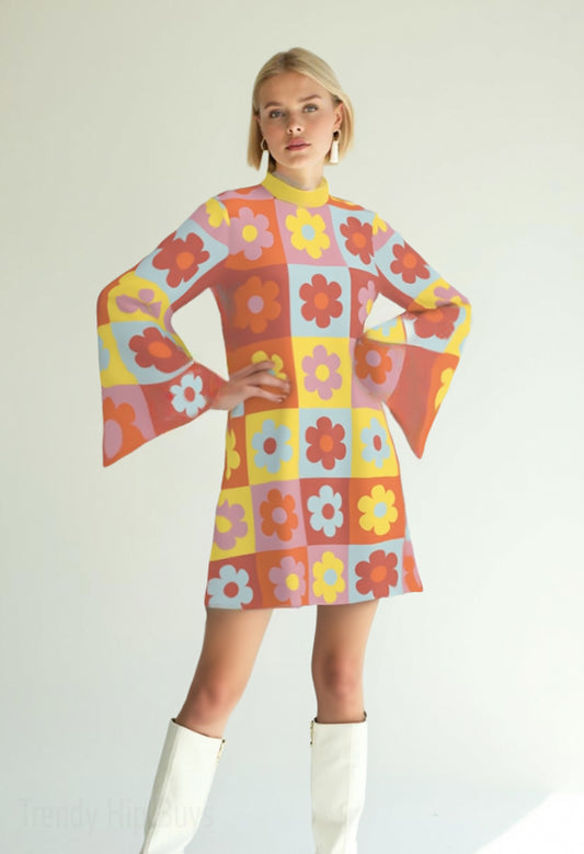 60s 70s Dress Style | Retro Bell Sleeve Boho Dress | Multicolor Floral Hippie Tent Dress | 70s Mini Dress with Yellow Turtleneck