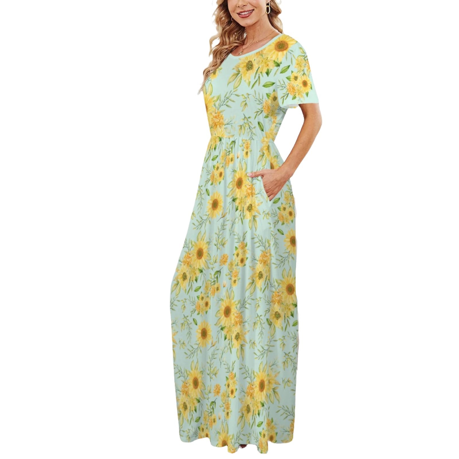 Women's Blue Yellow Sun Flower Maxi Dress