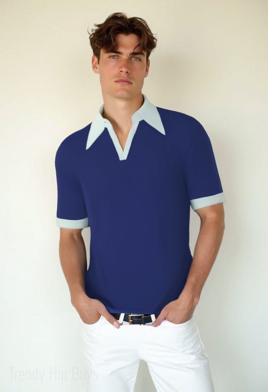 70s Style Polo Shirt | Blue Jacquard Knit | Light-Blue Dagger Collar | Retro V-Neck Polo Shirt