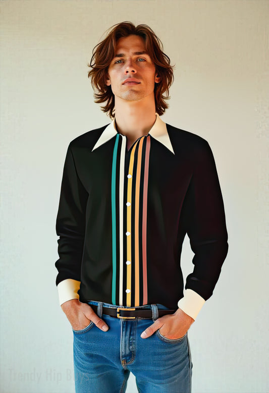 70s Style Shirt Men, 70s Wing Collar Shirt, 70s Hippie Shirt, Brown Stripe Shirt, Boho Shirt Men