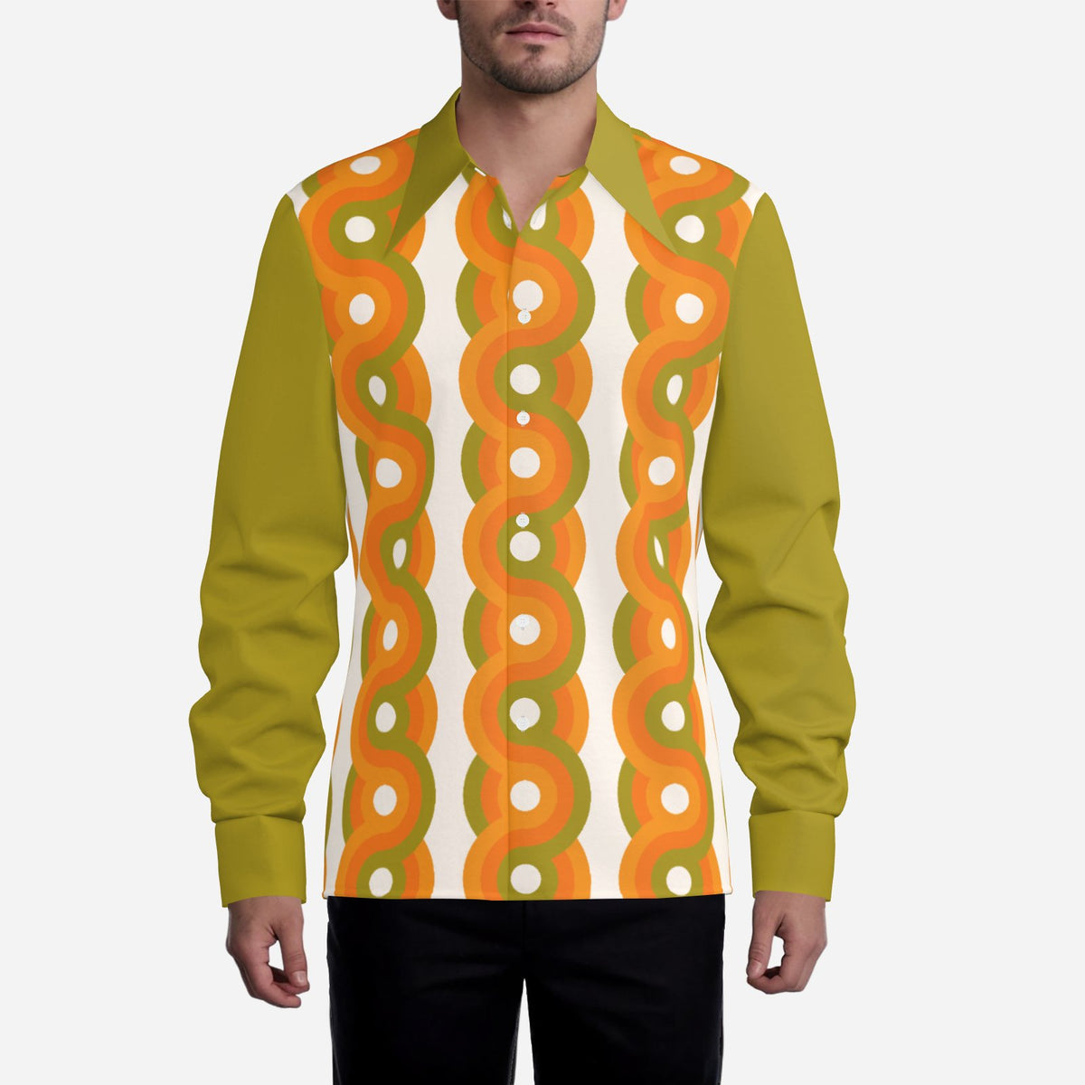 Men’s 70s Style Shirt | Olive Green Orange Geometric Dagger Collar Shirt | Retro Disco Shirt