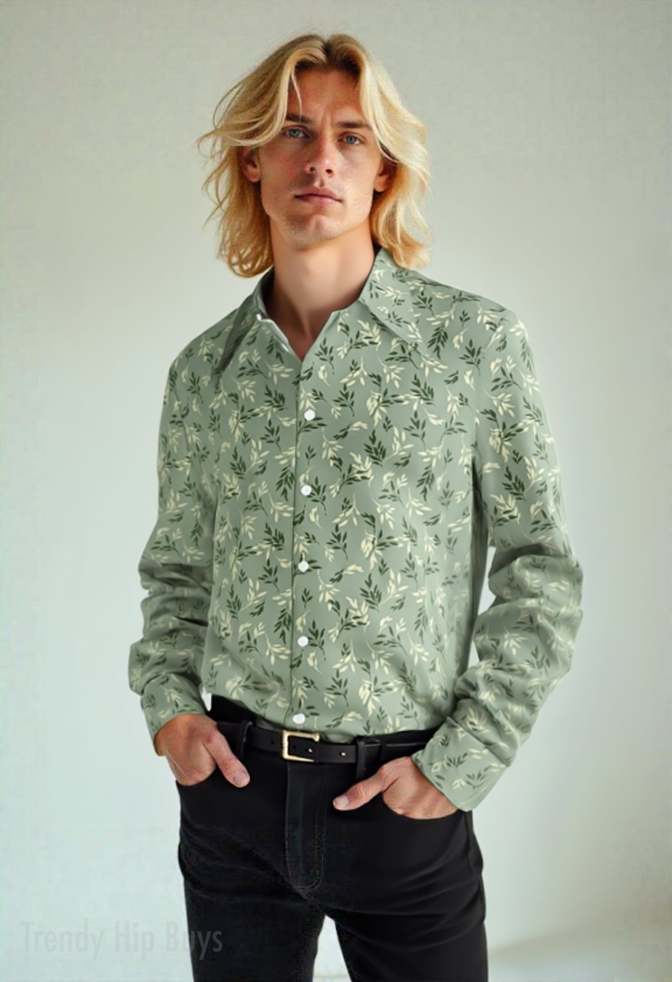 70s Style Shirt Men | Mint Green Shirt Men | Floral Wing Collar Shirt | Retro Dagger Collar Shirt