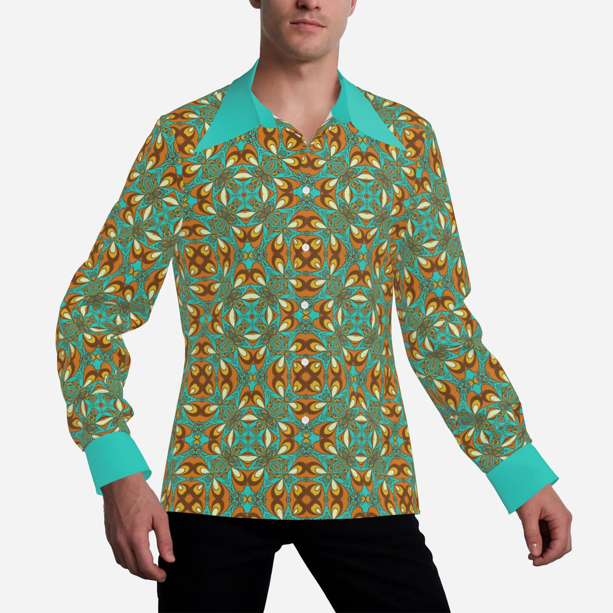 Men’s 70s Style Shirt | Turquoise Orange Brown Boho Hippie Shirt | Retro Dagger Collar Disco Shirt