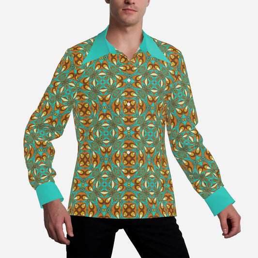 Men’s 70s Style Shirt | Turquoise Orange Brown Boho Hippie Shirt | Retro Dagger Collar Disco Shirt