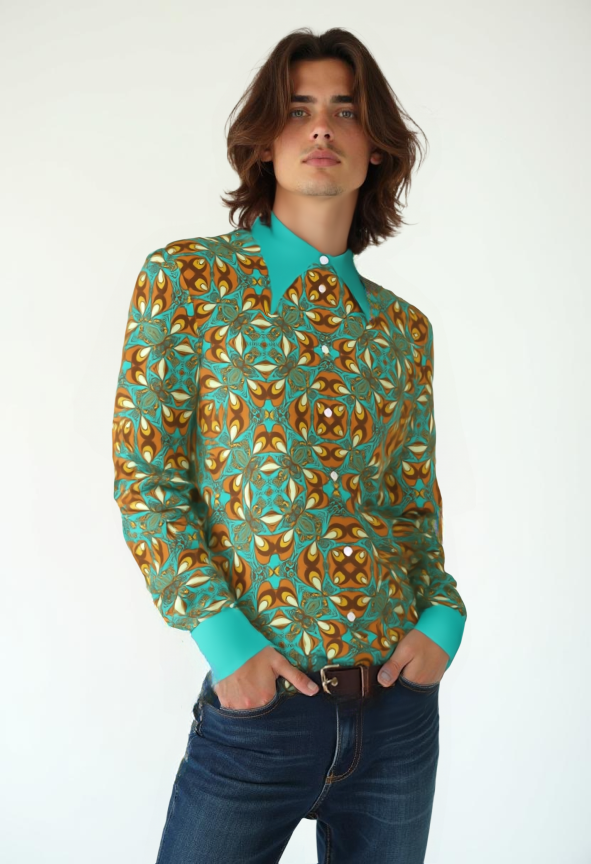 Men’s 70s Style Shirt | Turquoise Orange Brown Boho Hippie Shirt | Retro Dagger Collar Disco Shirt
