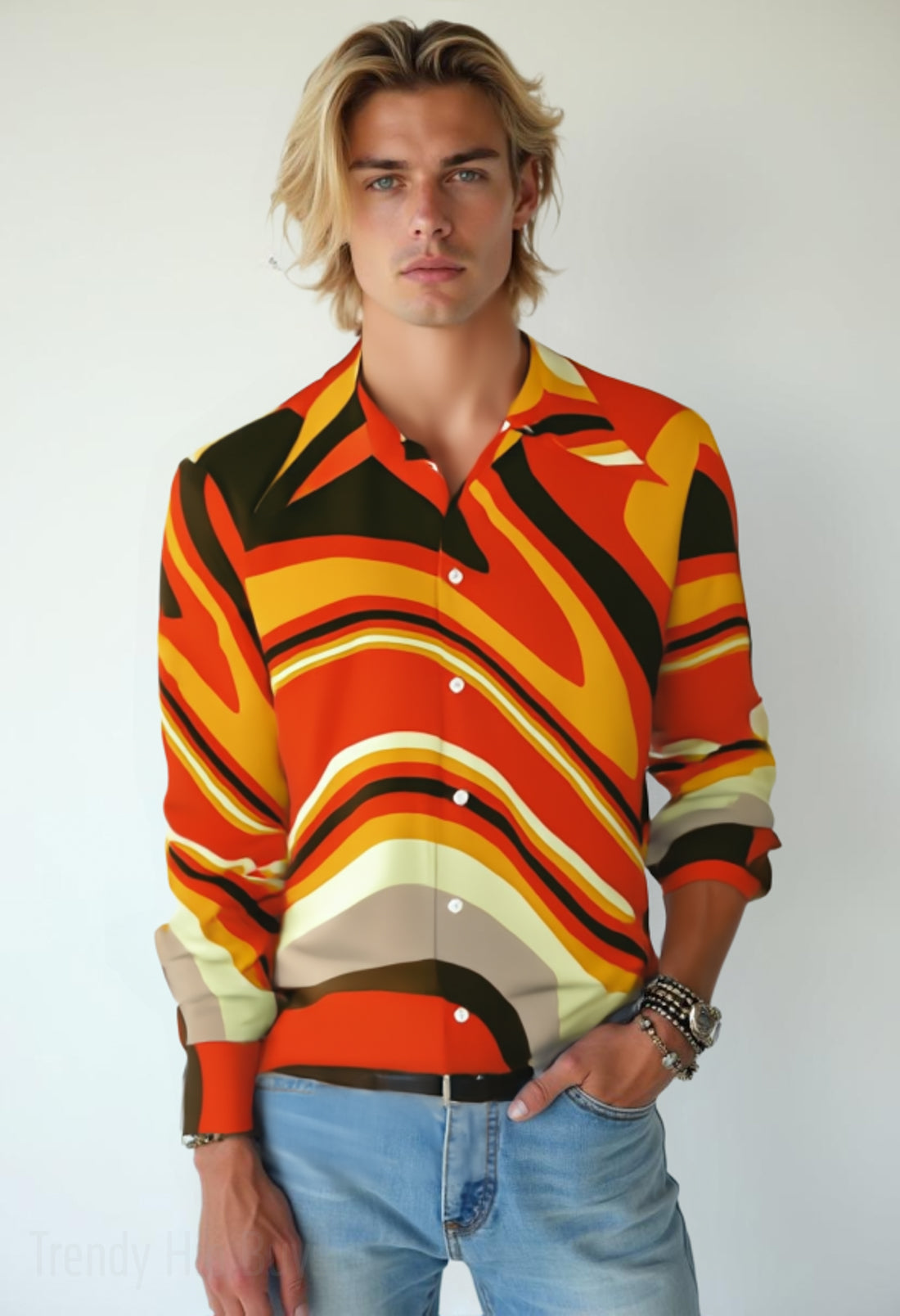70s Style Shirt | Retro 70s Men's Shirt | Orange Hippie Boho Shirt | Wing Collar Disco Top | Orange Stripe Shirt Men