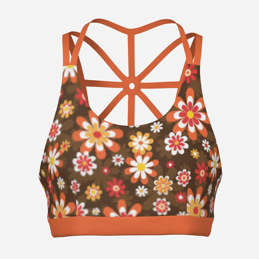 Retro 70s Floral Sports Bra | Brown Orange Vintage Style Workout Bra | Geometric Back Strap Activewear