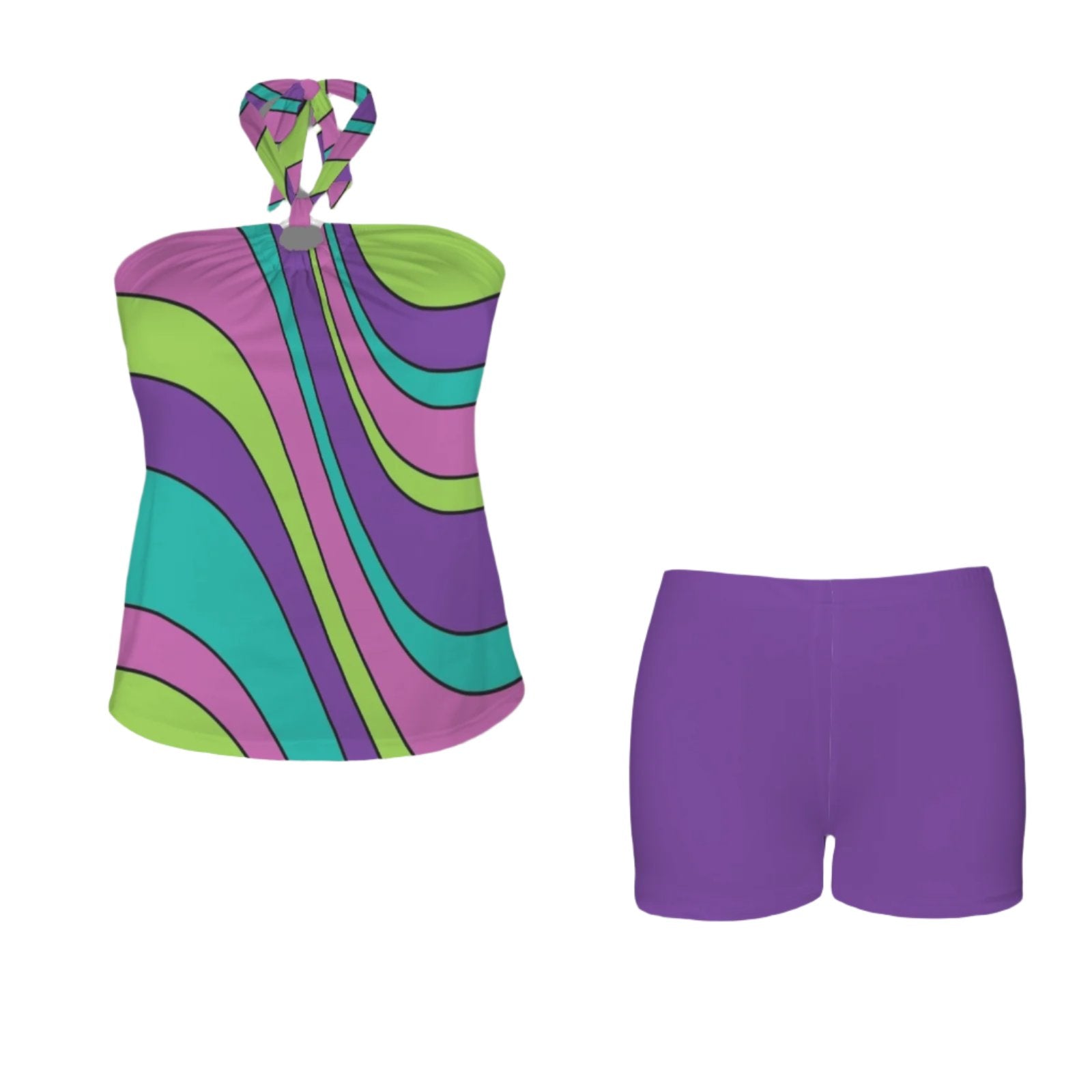 Purple Green Stripe Halter Tankini