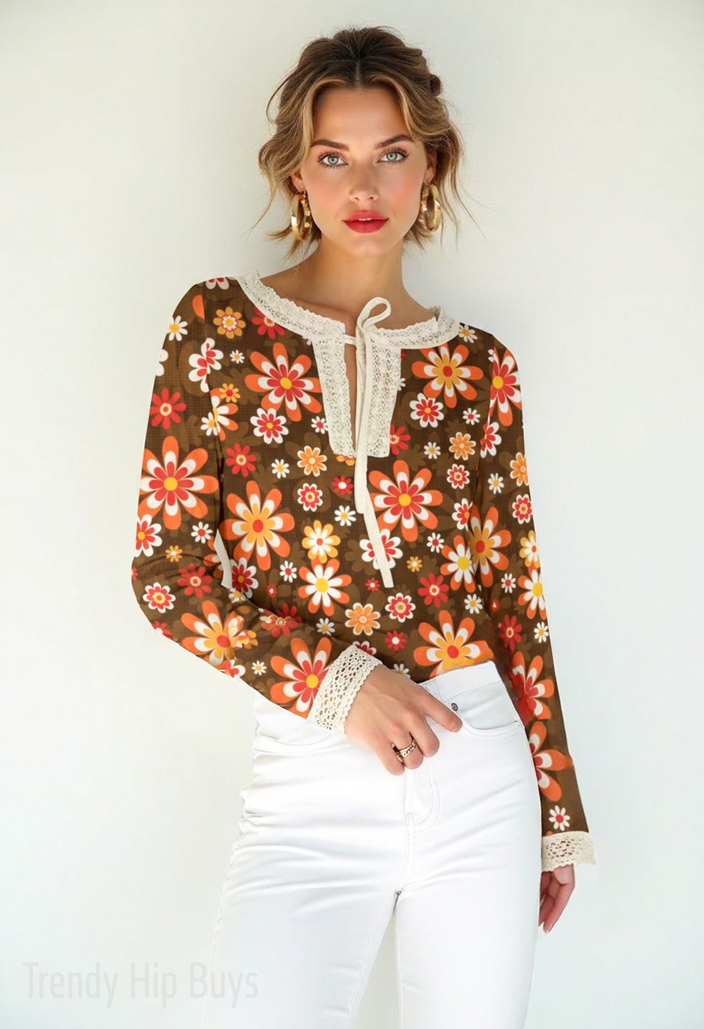 70s Brown Floral Boho Blouse | Retro Hippie Peasant Top | Vintage Lace Trim Bohemian Shirt