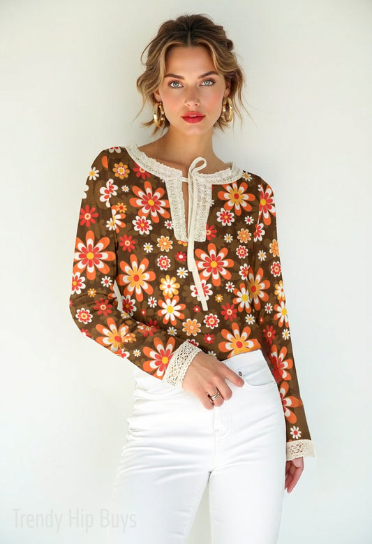 70s Brown Floral Boho Blouse | Retro Hippie Peasant Top | Vintage Lace Trim Bohemian Shirt