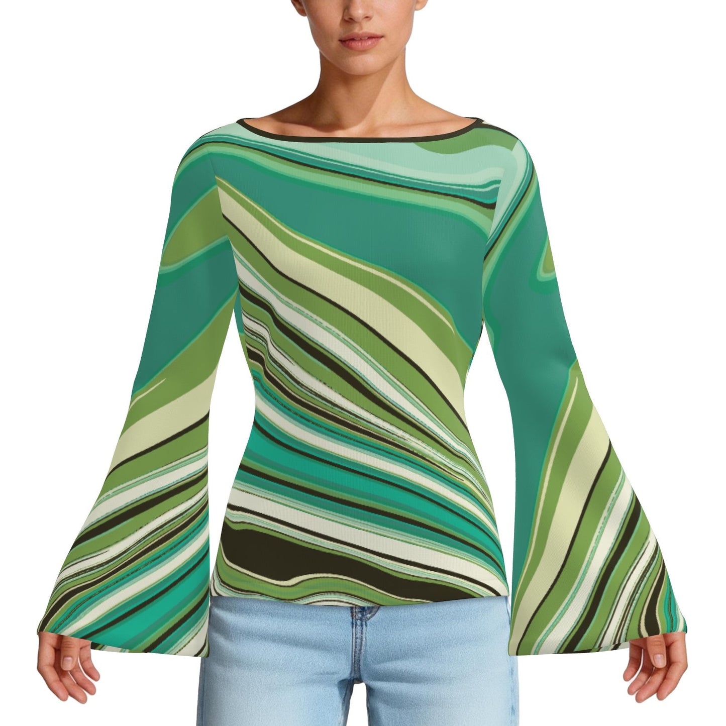 70s Green Turquoise Bell Sleeve Top | Retro Long Sleeve T-Shirt | Vintage Boat Neck Blouse