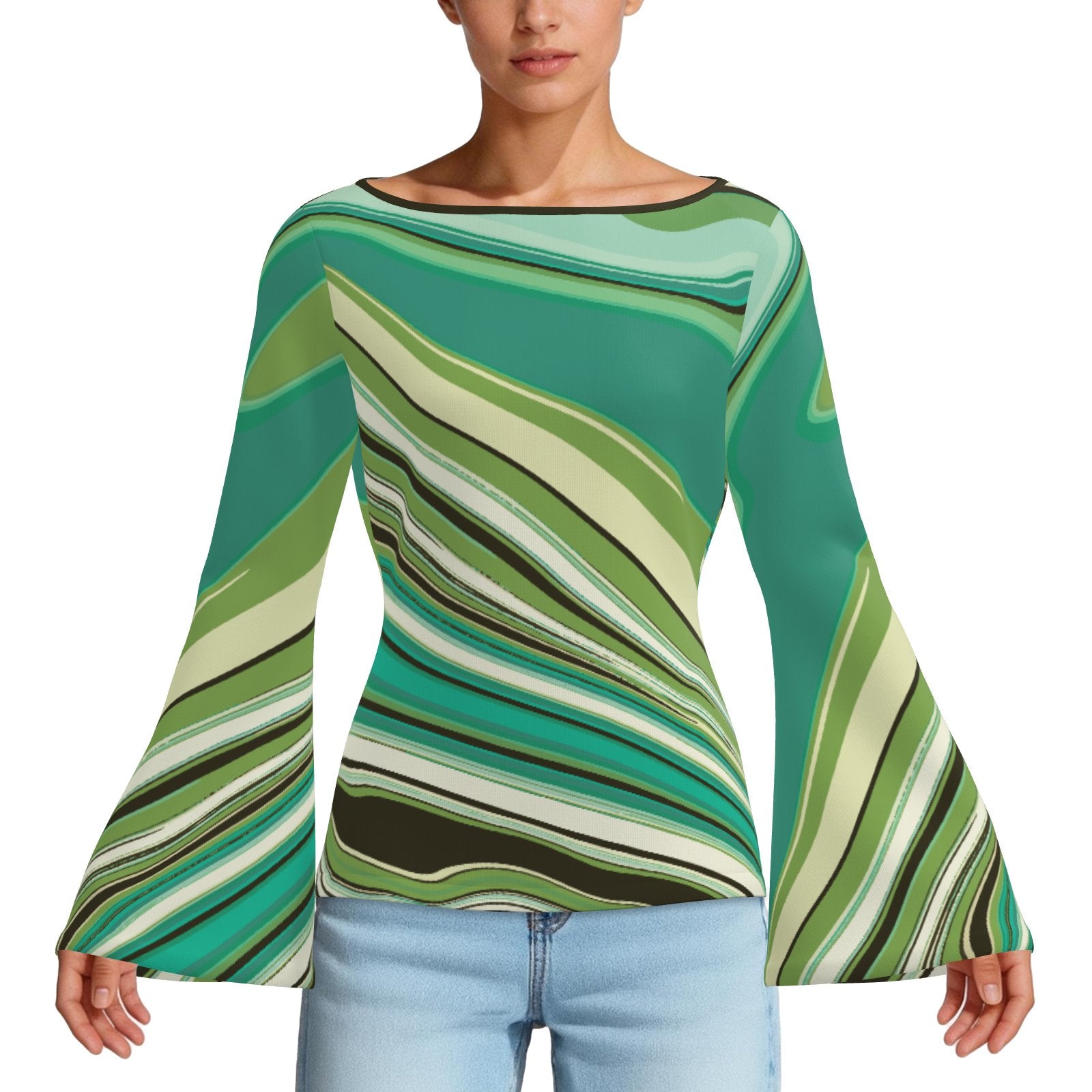 70s Green Turquoise Bell Sleeve Top | Retro Long Sleeve T-Shirt | Vintage Boat Neck Blouse