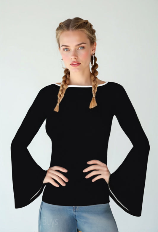 70s inspired Black Bell Sleeve T-shirt | Retro Long Sleeve T-Shirt | Vintage 70s style Bell Sleeve Top