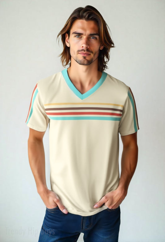 Eco-T-shirt, Retro 70s Style Tshirt, Beige Stripe Tee, 70s Stripe Tshirt, Vintage Tee, V-neck T-shirt
