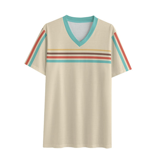 Eco-T-shirt, Retro 70s Style Tshirt, Beige Stripe Tee, 70s Stripe Tshirt, Vintage Tee, V-neck T-shirt