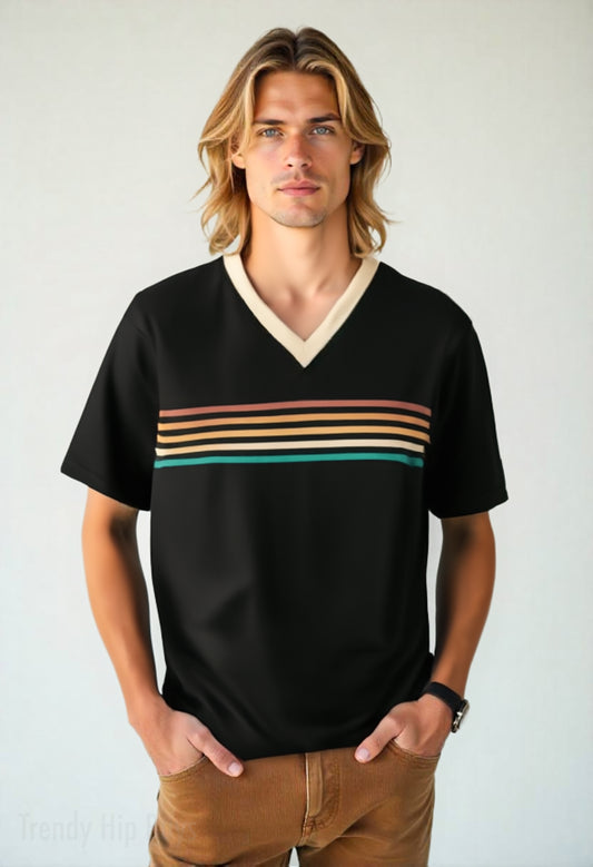 Eco-T-shirt, Retro 70s Style Tshirt, 70s Brown Stripe Tshirt, 70s Stripe Tshirt, Vintage Tee, V-neck T-shirt