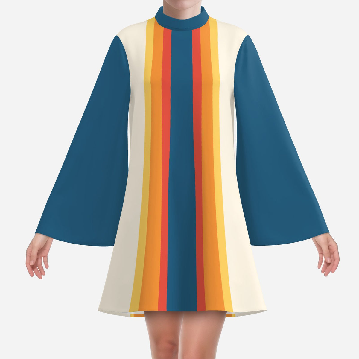 Women's 70s Retro Disco Dress, Blue Yellow Stripe Bell Sleeve Dress, Groovy Trapeze Mini Dress, Vintage Inspired Dress