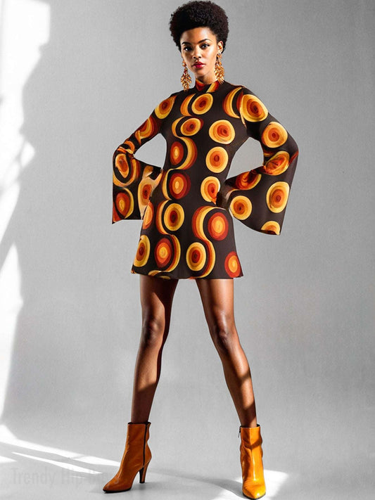 Geometric Black Brown Bell Sleeve Dress | 70s Op Art Space Age Chiffon Mini Dress | 70s Dress Style