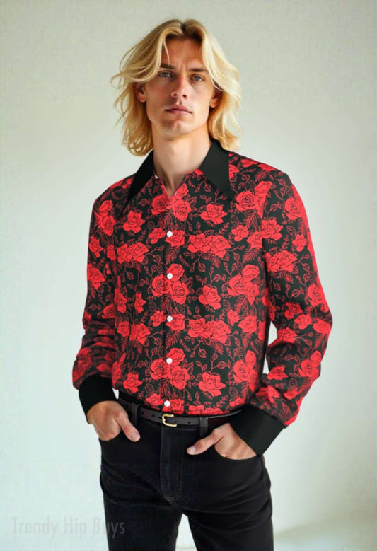Groovy 70s Men's Rose Print Shirt | Wing Collar Hippie Shirt | Retro Disco Floral Top