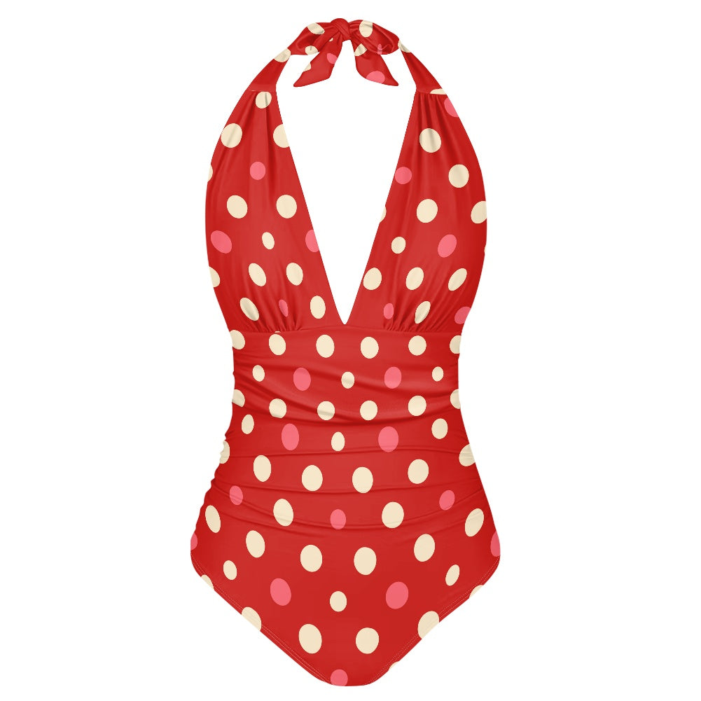 Retro Red polka Dot Swimsuit, Halter Polka Dot Swimsuit, One Piece Swimsuit, Vintage Style Swimsuit