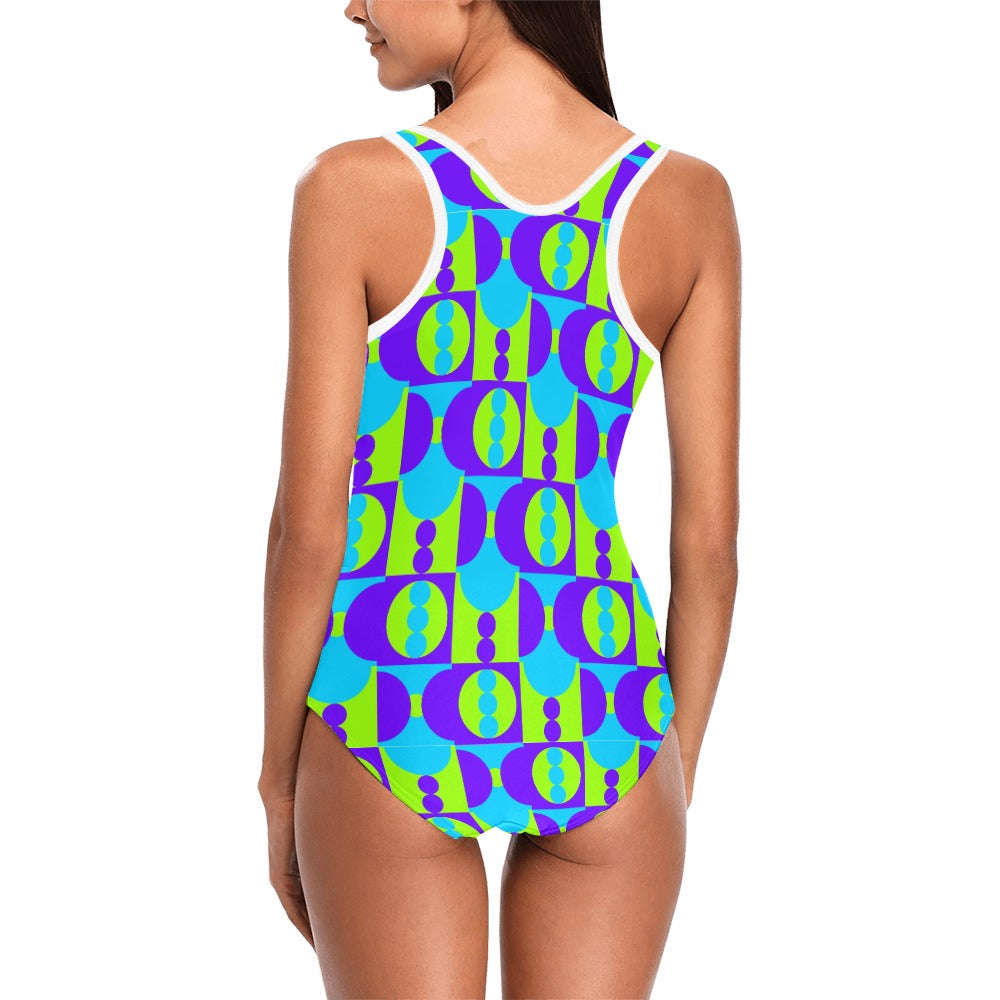 Mod 60s style Swimsuit, Vintage Style Swimsuit, Mod Green Purple One Piece Swimsuit