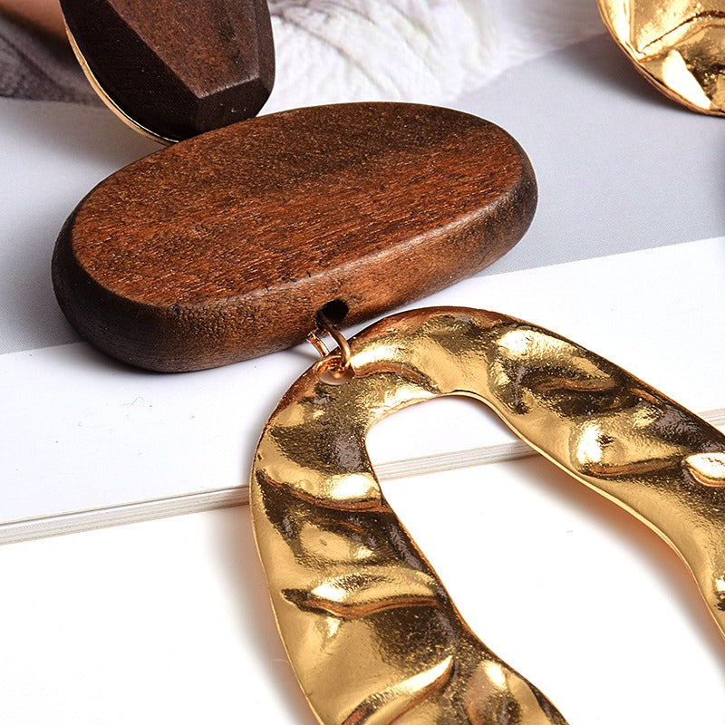 Abstract Wood Gold Mod Earrings, Wooden Dangle Earrings, 60s inspired earrings