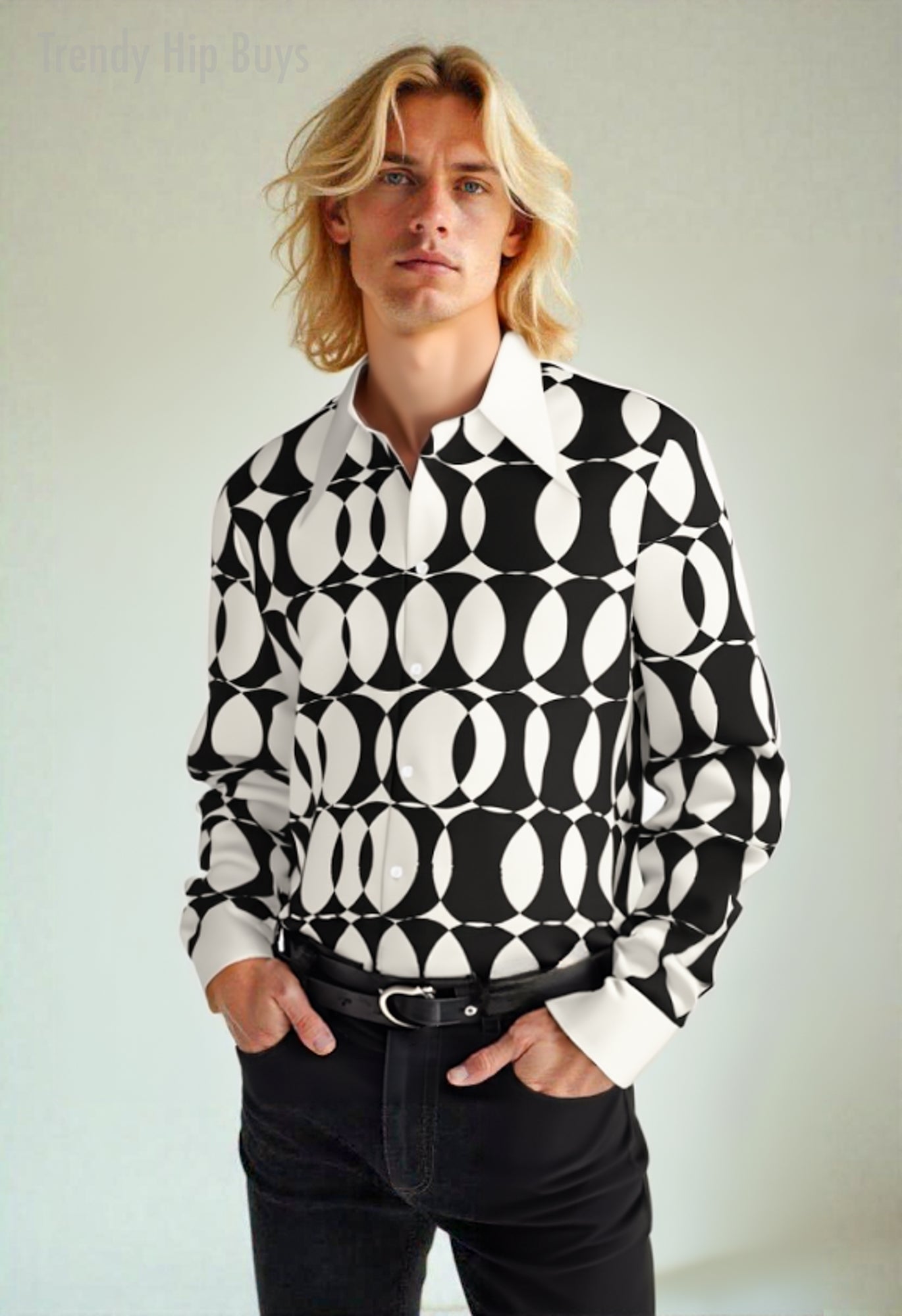 Men's 70s Style Shirt, Op Art Shirt, Black and White Geometric Shirt, Wing Collar Shirt