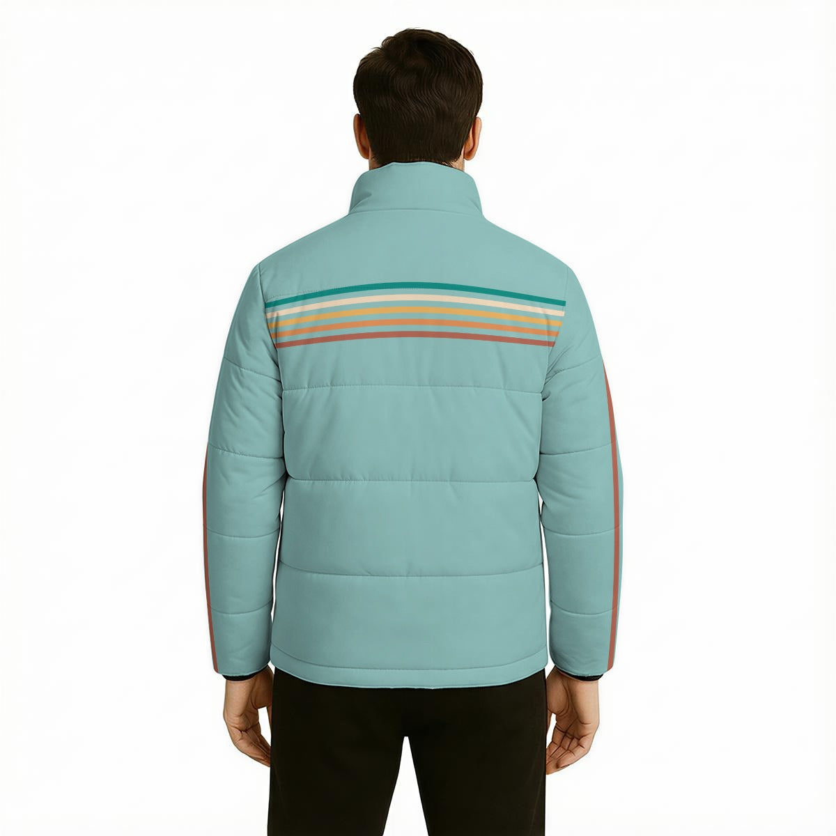 Unisex Retro 80s Puffer Jacket Blue Green stripe Cotton Filled