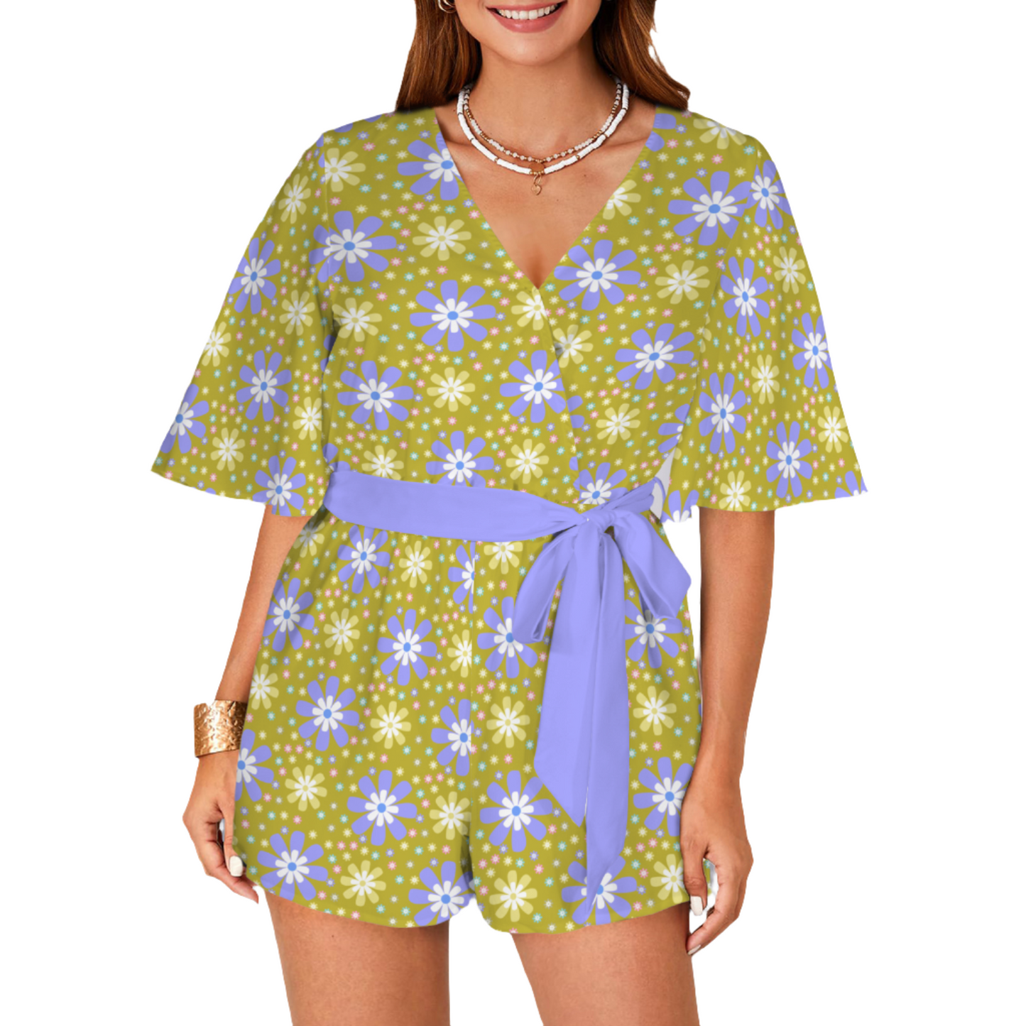 70s Hippie Green Purple Floral Romper