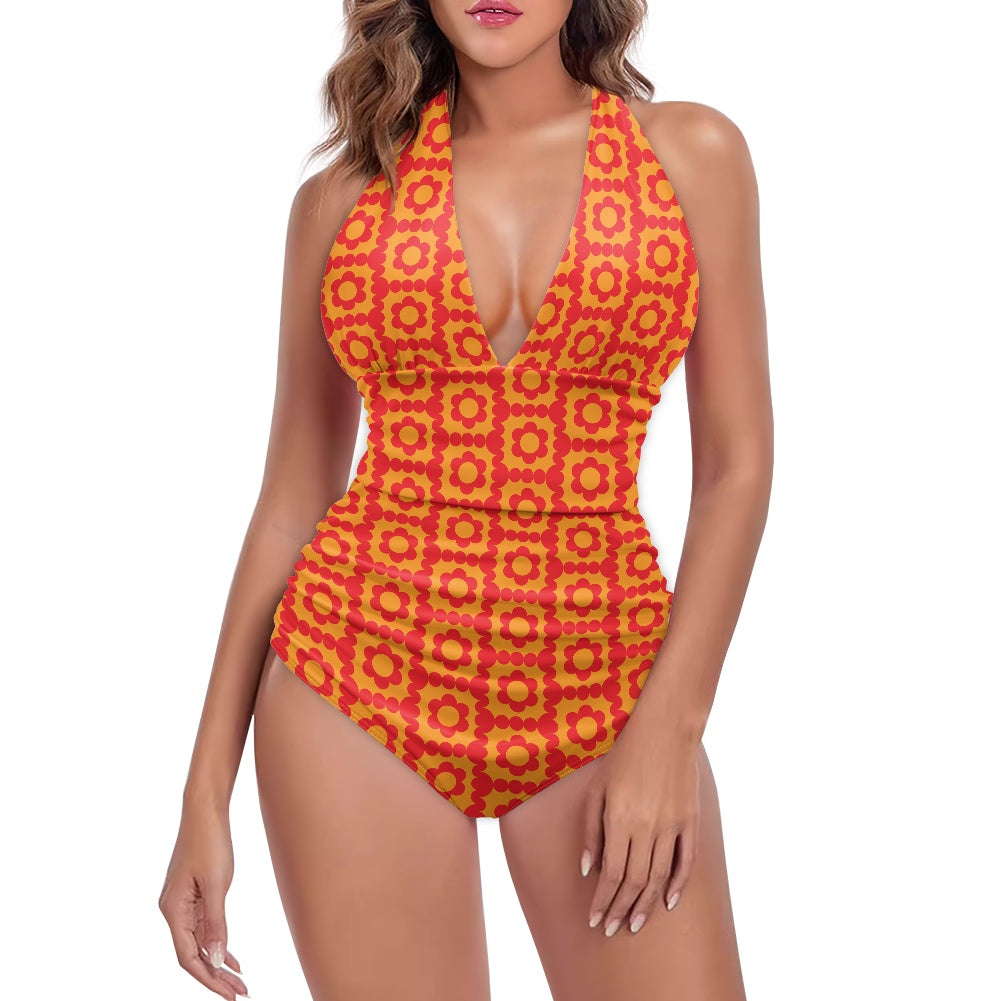 Mod 60s Style Swimsuit, Orange Red Floral Swimsuit, Retro Halter Swimsuit, One Piece Swimsuit