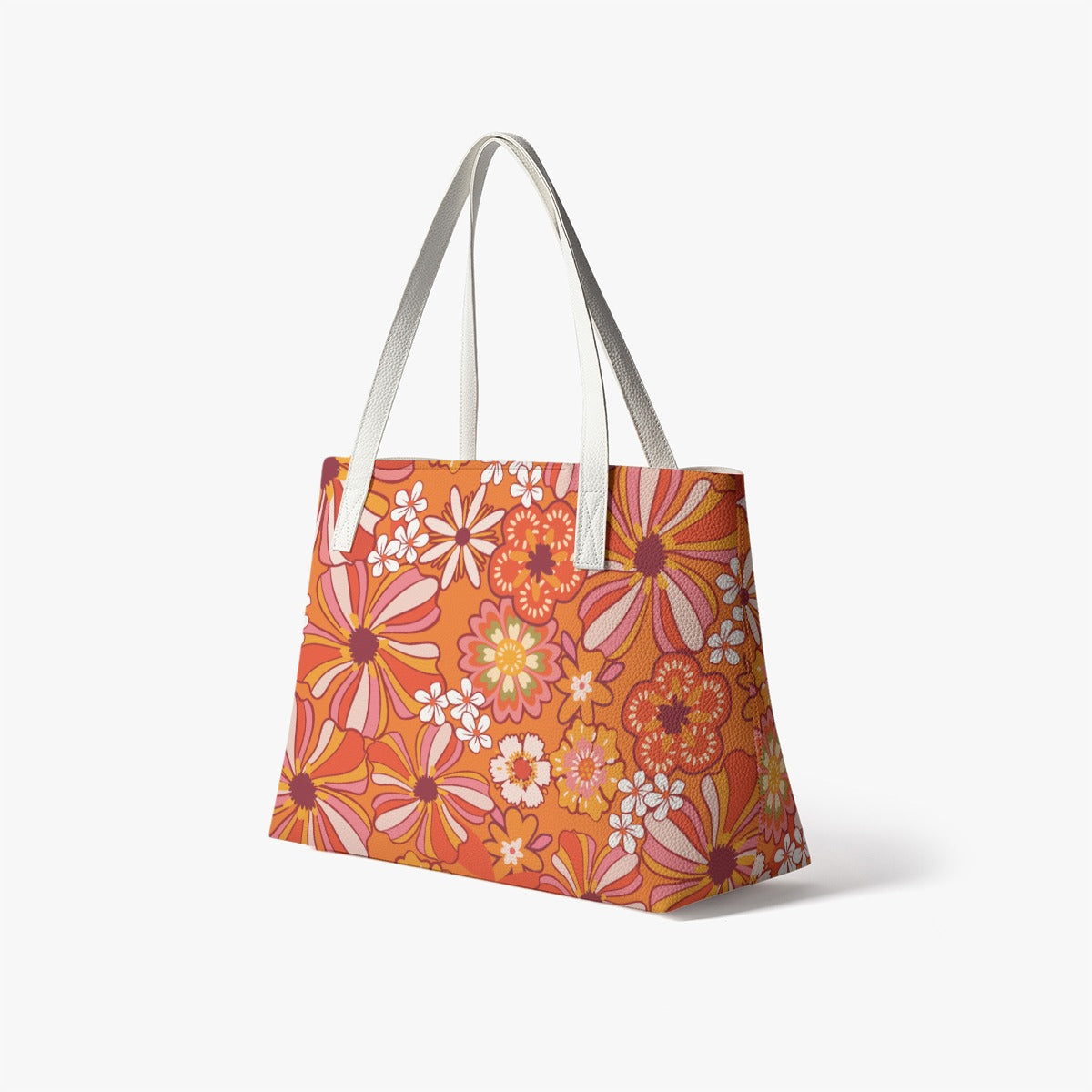 Vintage 60s & 70s Style Floral Tote Bag | Retro PU Leather Handbag | Orange Boho Shoulder Bag