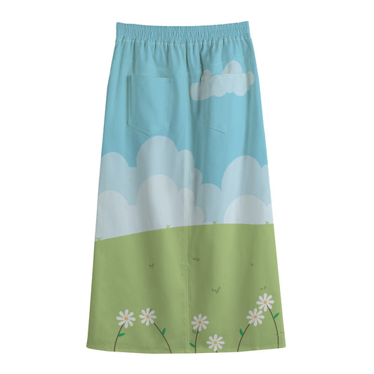 Unique Midi Skirt │ Statement Skirt │ Artistic Midi Skirt with Cloud & Floral Print Canvas Cotton A-Line Skirt