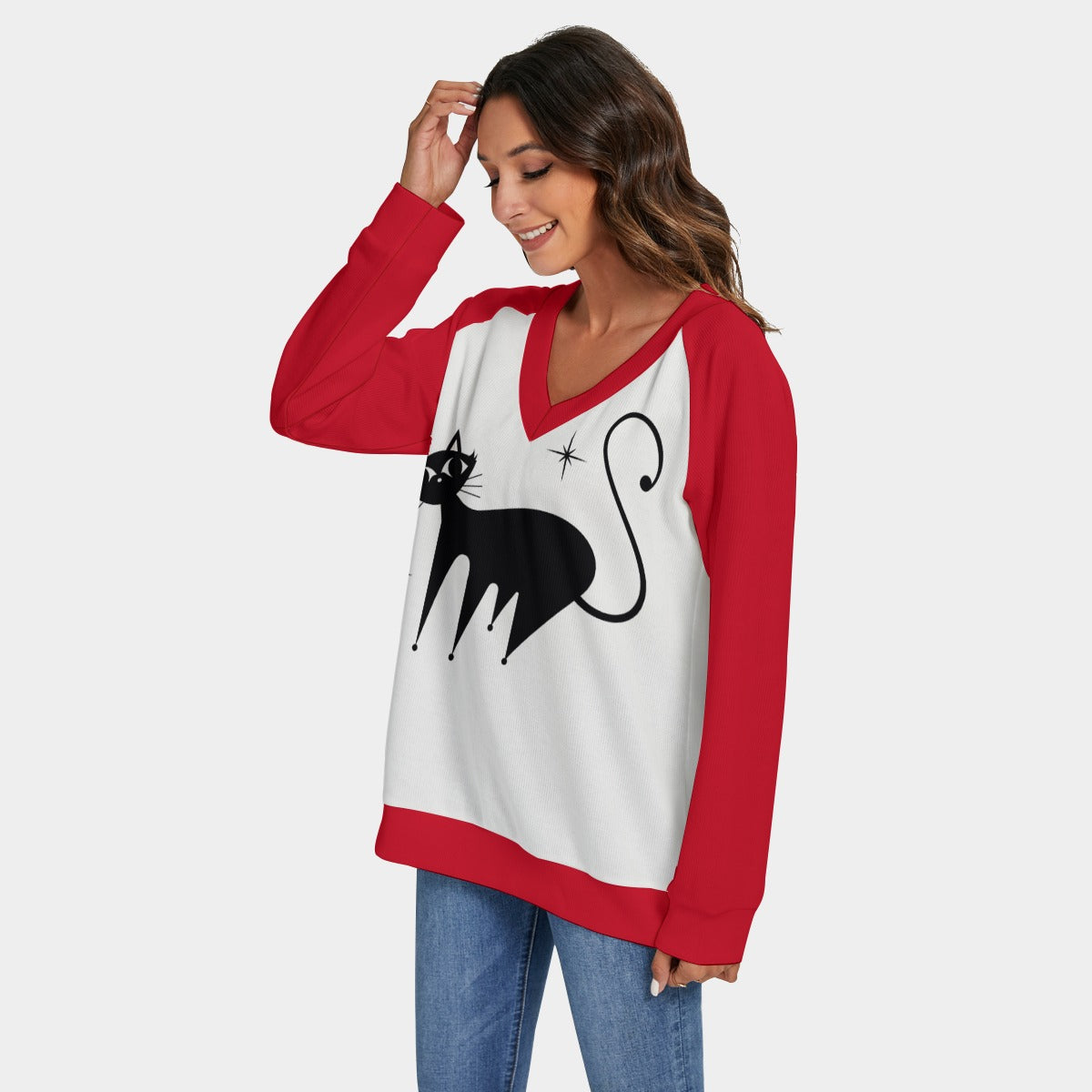 Women's Retro Cat Sweater | 50s Red Cat Print Knit Sweater | Vintage Cat Lover Pullover