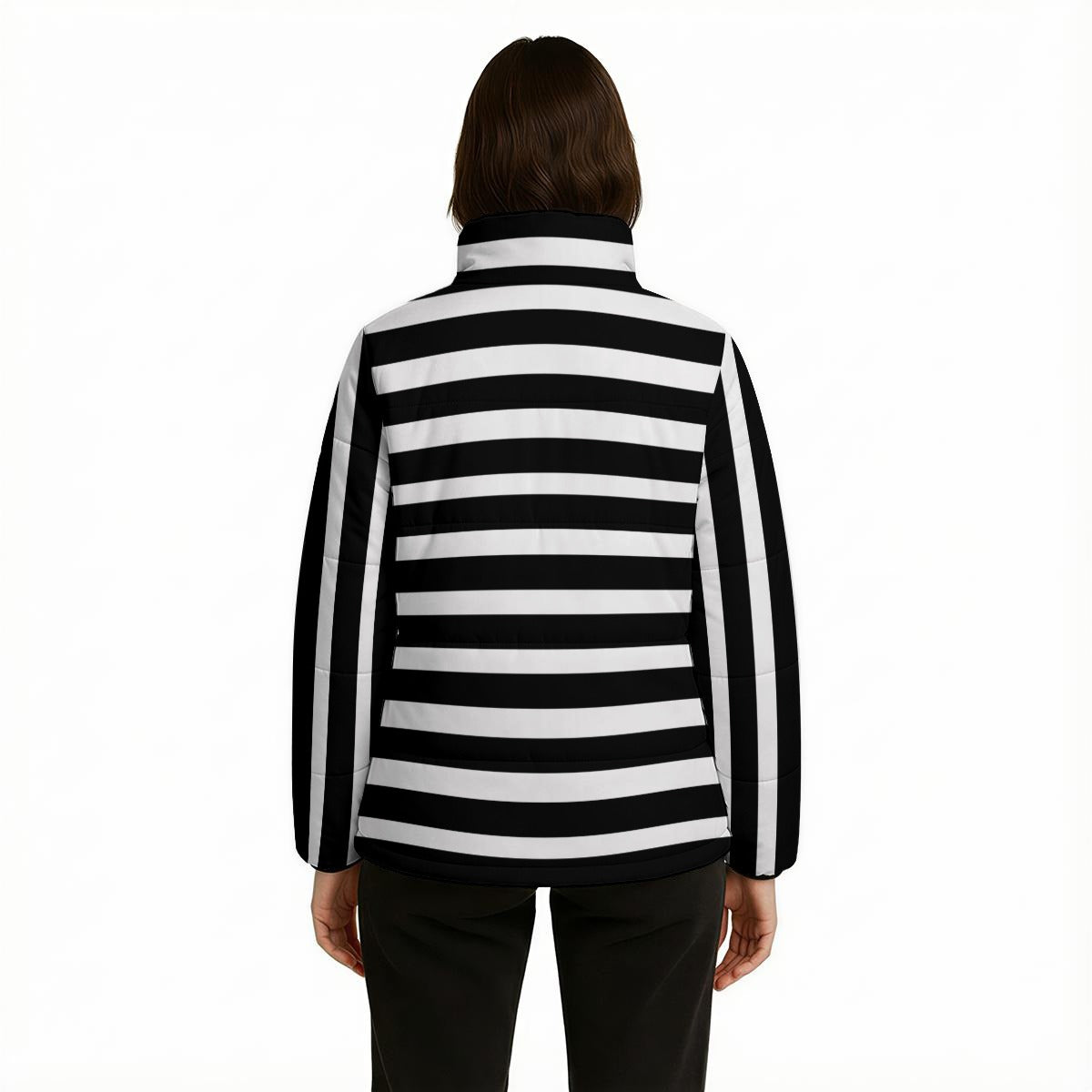 Unisex Black Stripe Puffer Jacket | Black and White Stripe Winter Jacket | Retro Stripe Cotton Filled Puffer Coat