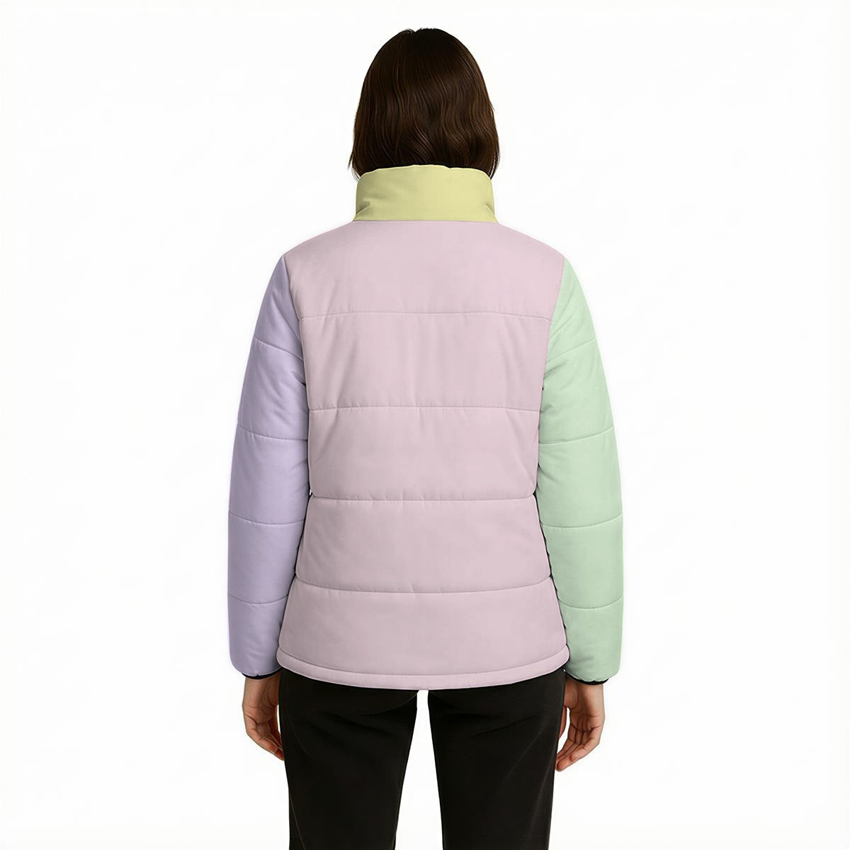 Unisex Pastel Color Block Puffer Jacket | Pink Green Lavender Winter Jacket | Cotton Filled Retro Puffer Coat