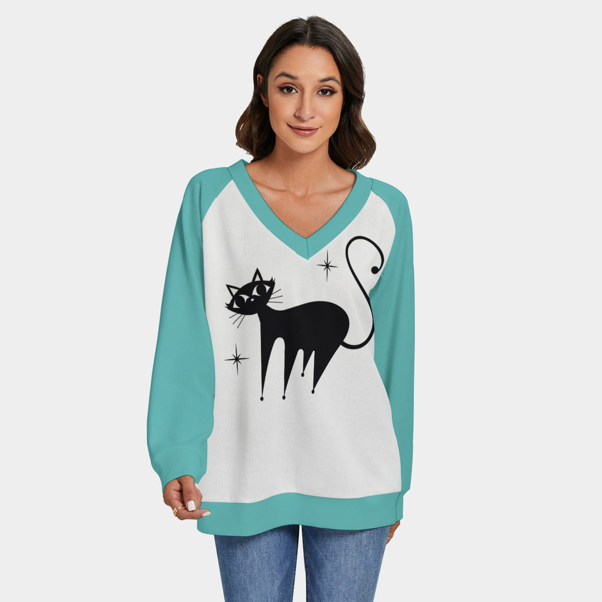 Women's Retro Cat Sweater | 50s Turquoise Cat Print Knit Sweater | Vintage Cat Lover Pullover