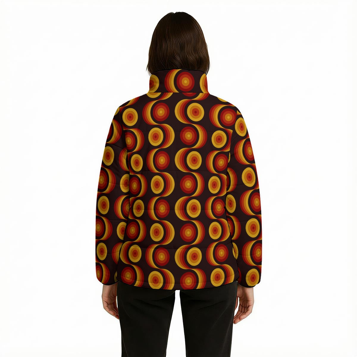 Unisex 70s Hippie Puffer Jacket | Brown Geometric Retro Winter Jacket | Vintage 70s Style Cotton Filled Coat