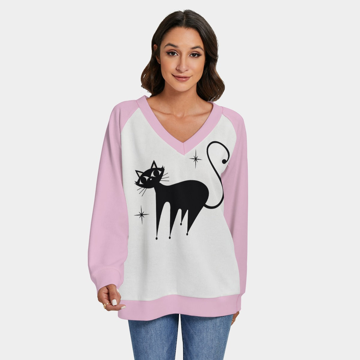 Women's Retro Cat Sweater | 50s Pink Cat Print Knit Sweater | Vintage Cat Lover Pullover