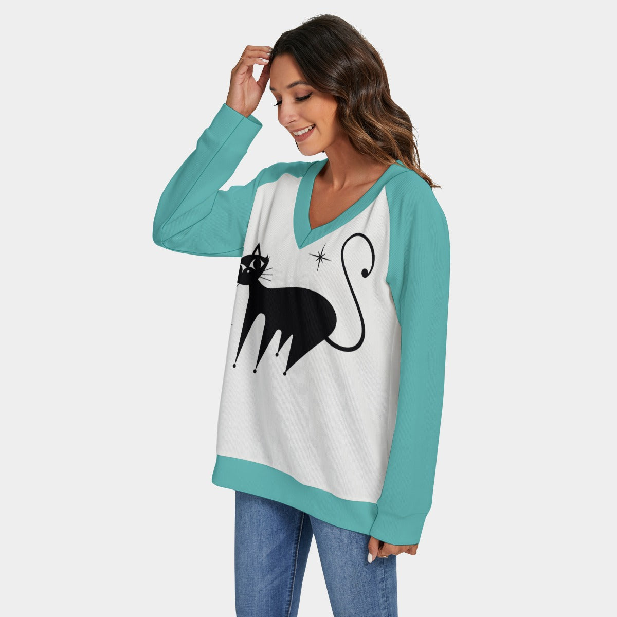 Women's Retro Cat Sweater | 50s Turquoise Cat Print Knit Sweater | Vintage Cat Lover Pullover