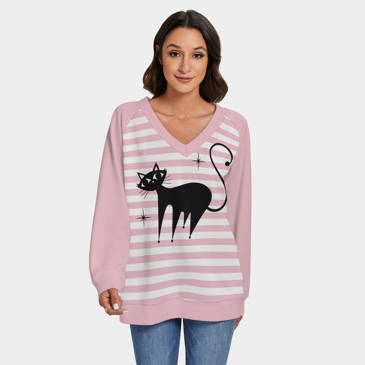 Women's Retro Cat Sweater | 50s Pink Cat Print Knit Sweater | Vintage Cat Lover Pullover, Pink Stripe Sweater